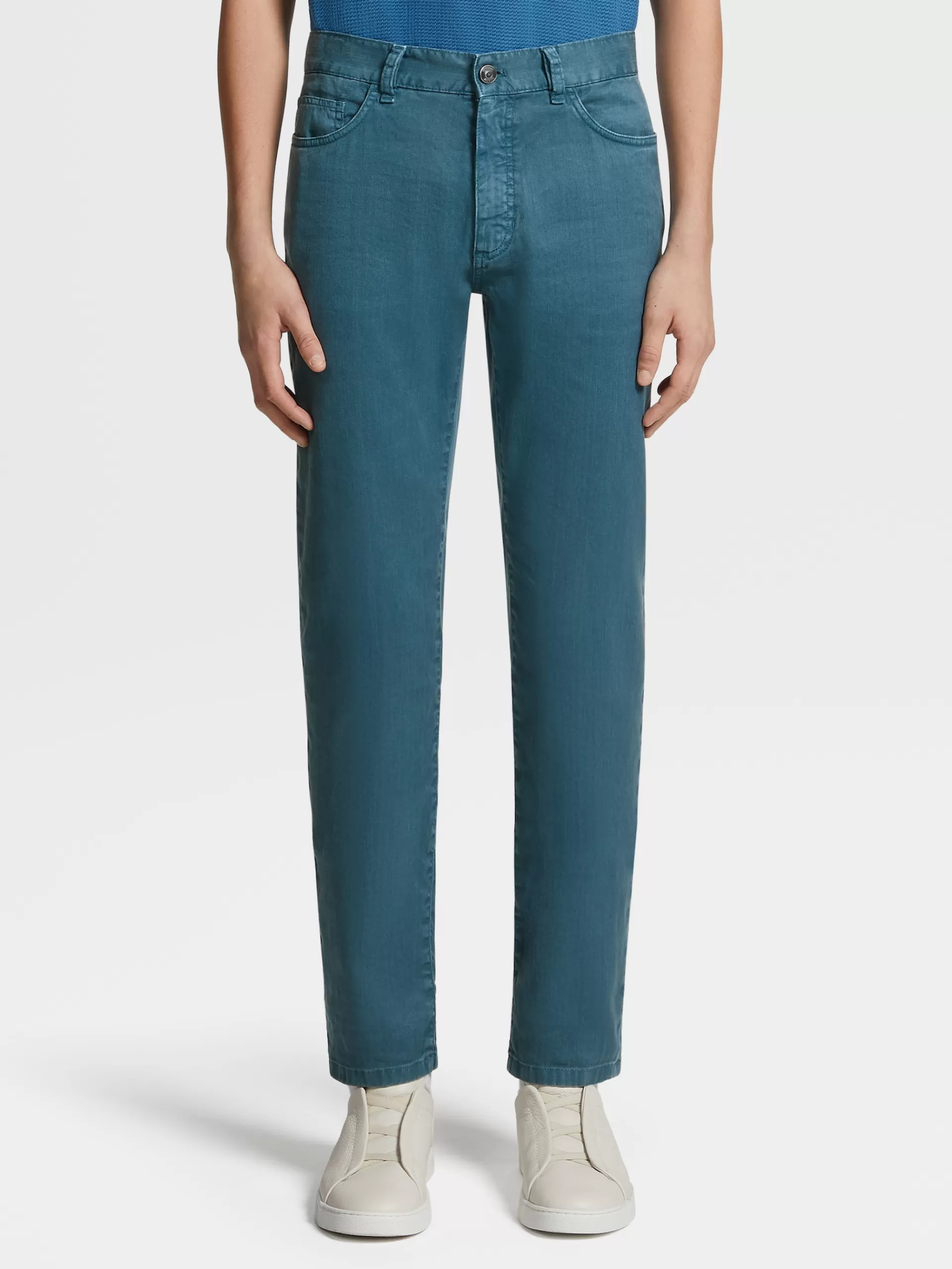 ZEGNA Jeans^Calças De Ganga No Tom Em Algodao Elastico E Linho Com Tingimento Em Peca E 5 Bolsos Azul-Petroleo
