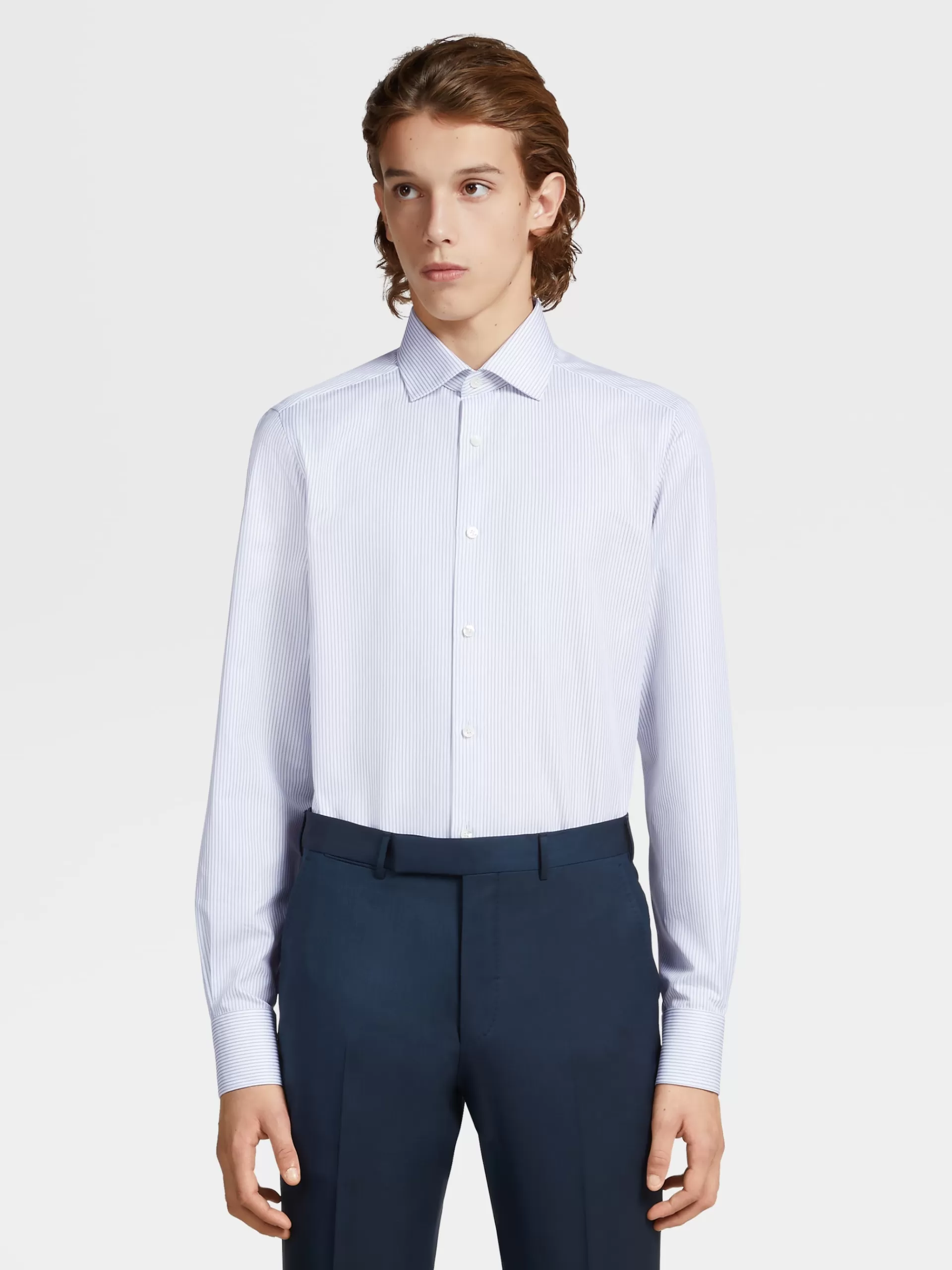 ZEGNA Camisas Para Homem^Camisa De Manga Comprida Azul-Marinho Em Algodao Trecapi Com Microrriscas Azul-Marinho/Azul-Claro/Branco