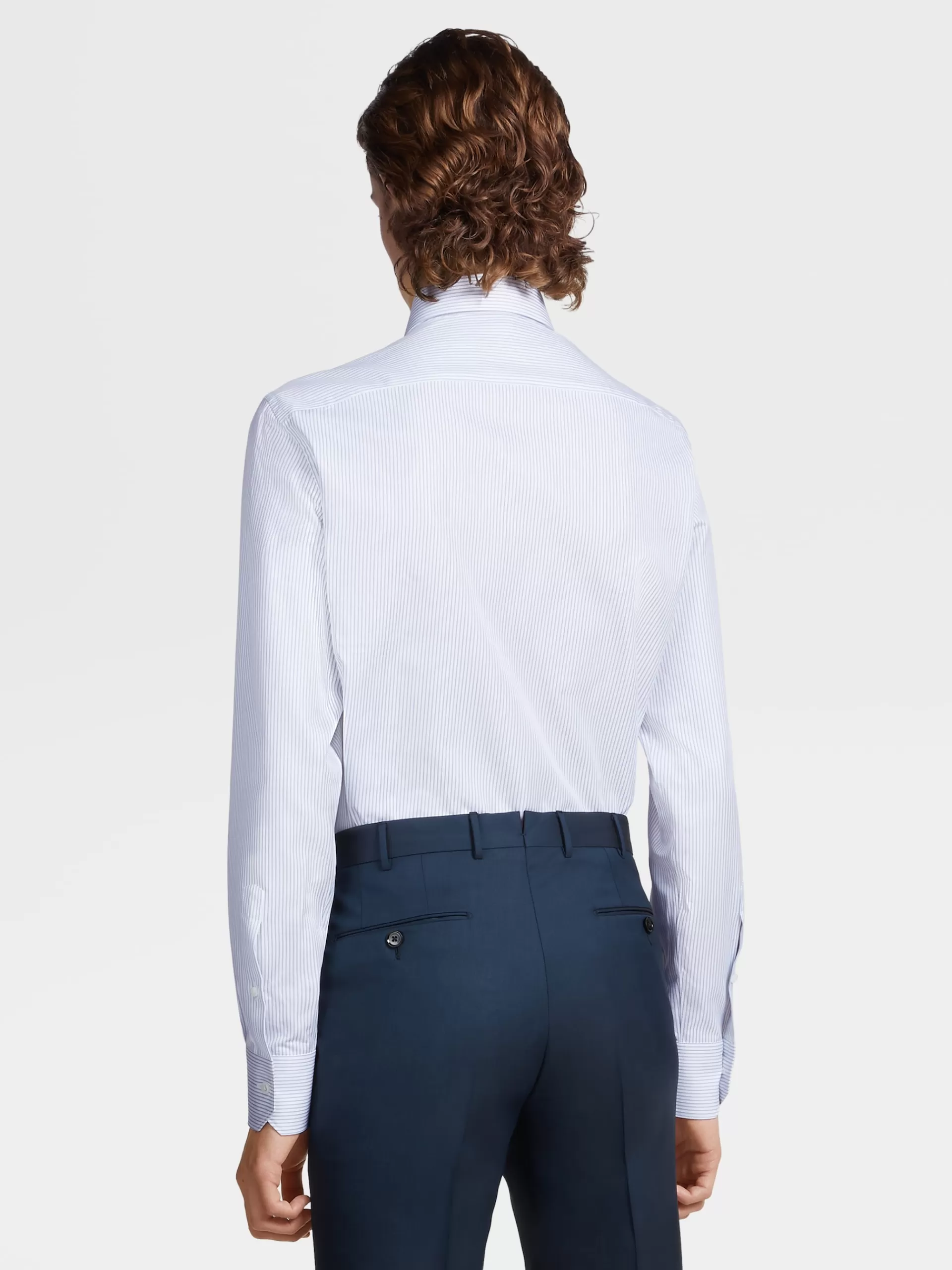 ZEGNA Camisas Para Homem^Camisa De Manga Comprida Azul-Marinho Em Algodao Trecapi Com Microrriscas Azul-Marinho/Azul-Claro/Branco