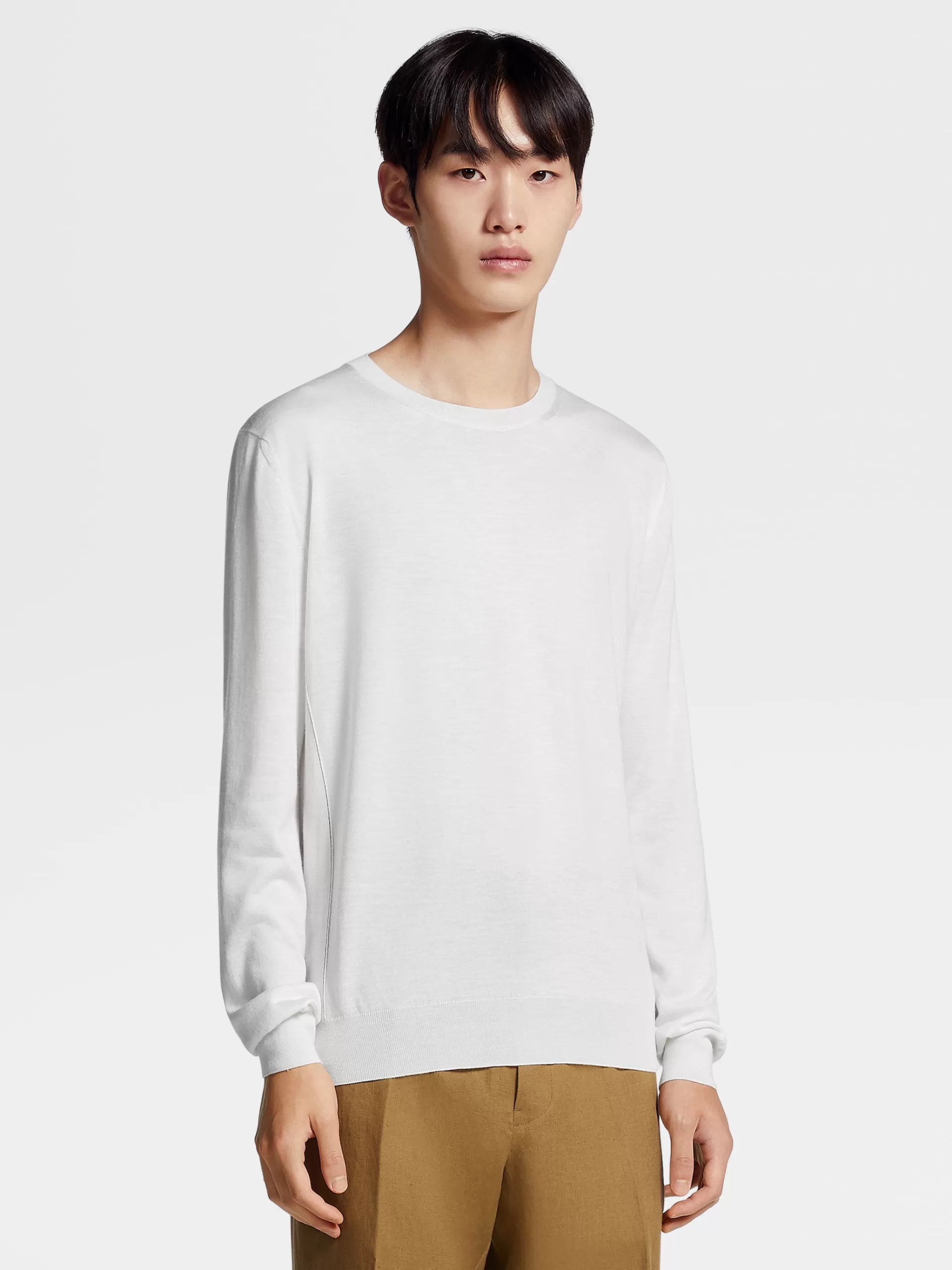ZEGNA Malhas^Camisola Branca De Malha Com Gola Redonda Em Seda, Caxemira E Linho Branco