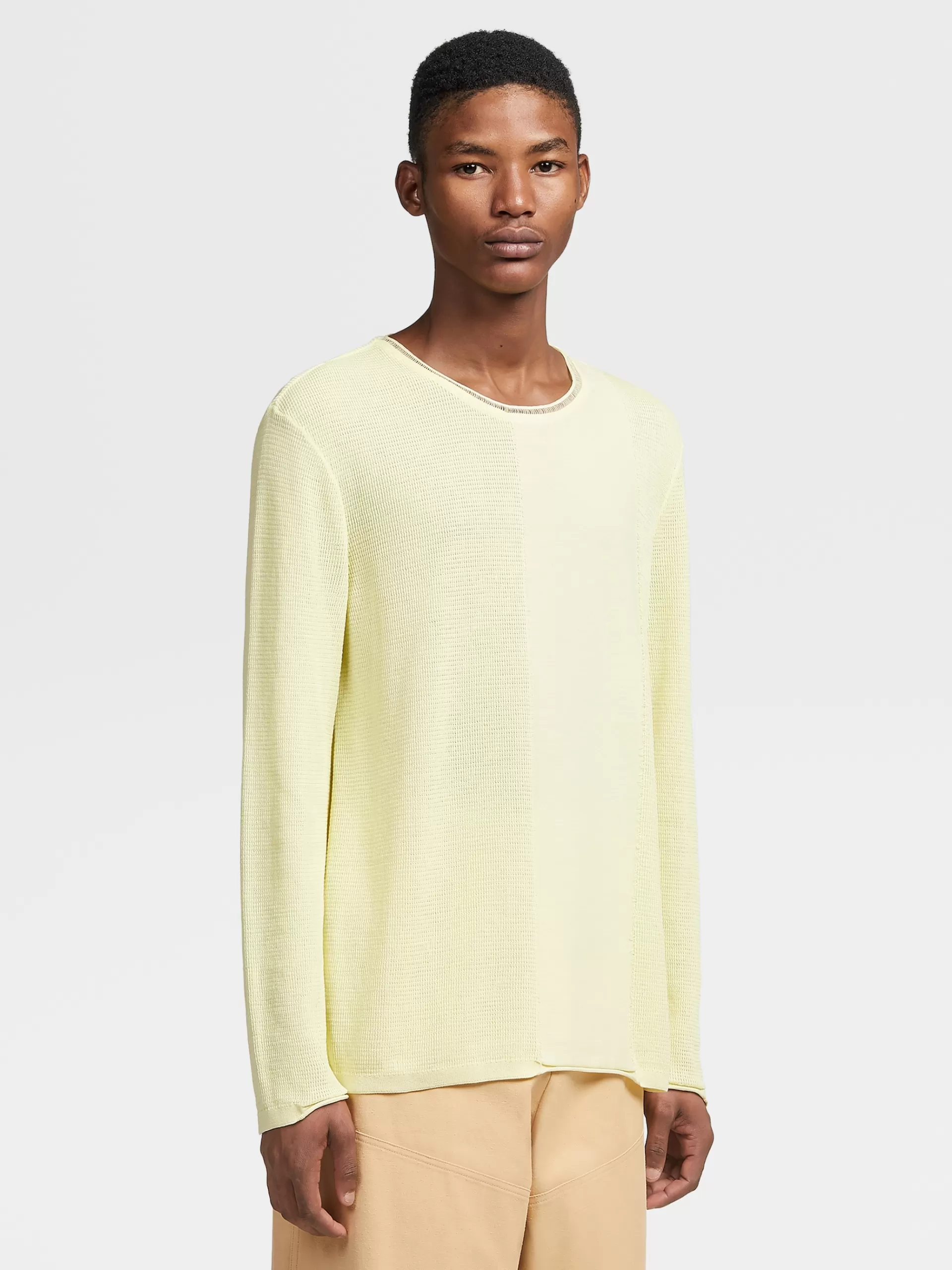 ZEGNA Malhas^Camisola De Malha Com Gola Redonda Fashion Show Em Puro Algodao Amarelo-Claro