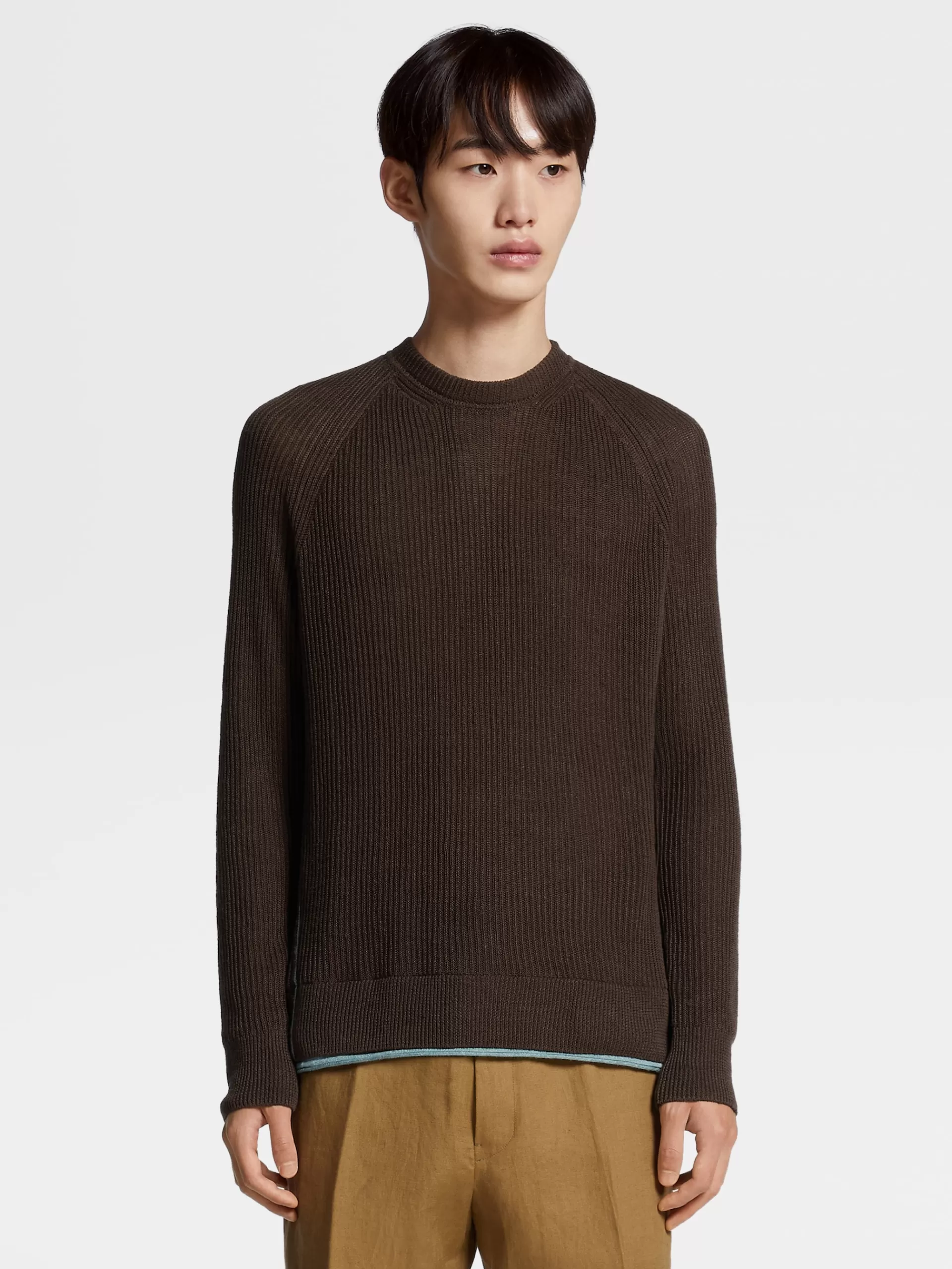 ZEGNA Malhas^Camisola De Malha Em Linho Com Gola Redonda Na Cor Verde-Tropa Claro