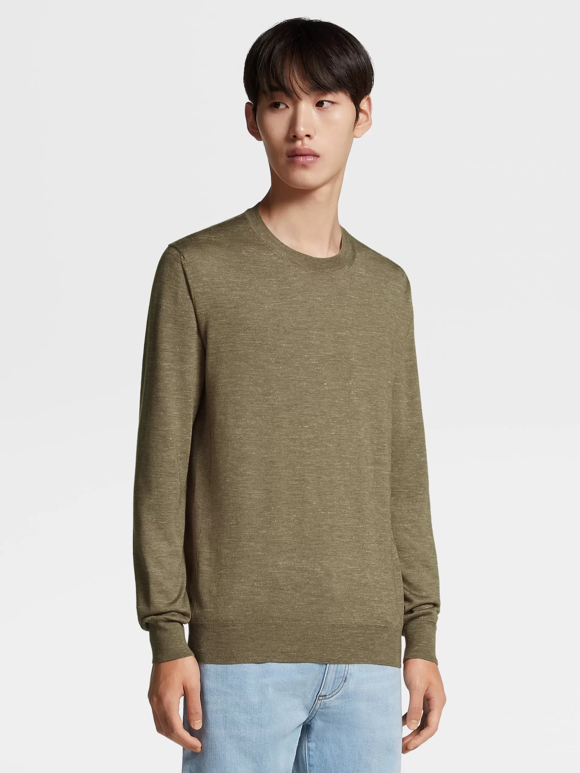 ZEGNA Malhas^Camisola Verde-Tropa Clara De Malha Com Gola Redonda Em Seda, Caxemira E Linho Verde-Tropa Claro