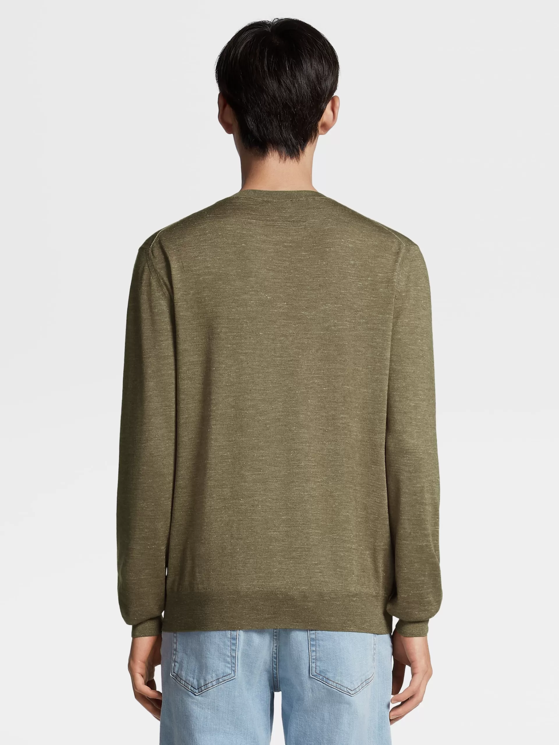 ZEGNA Malhas^Camisola Verde-Tropa Clara De Malha Com Gola Redonda Em Seda, Caxemira E Linho Verde-Tropa Claro