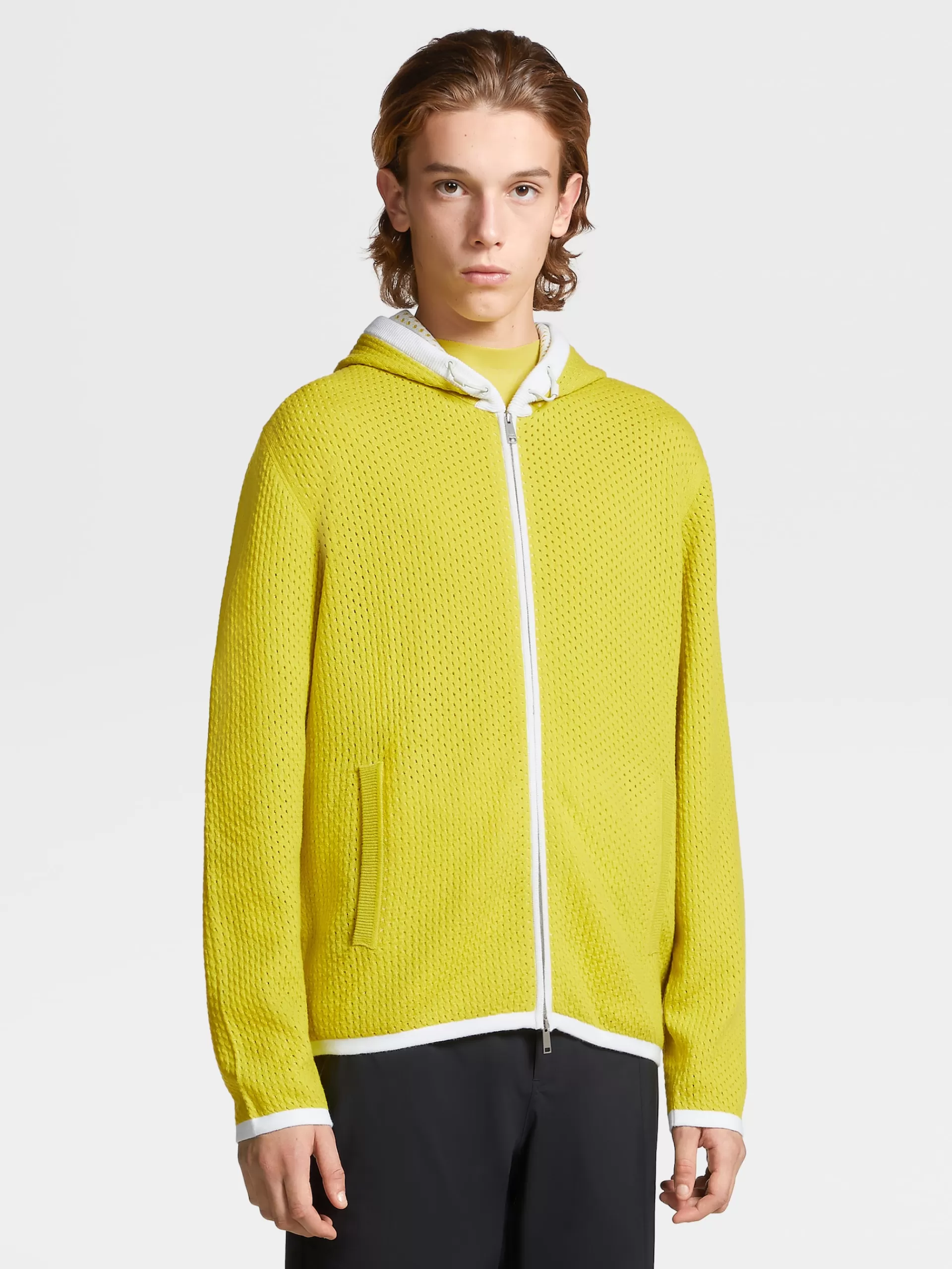 ZEGNA Sweatshirts^Sweatshirt Amarela Em Malha De Caxemira Com Capuz E Fecho De Correr Completo Amarelo