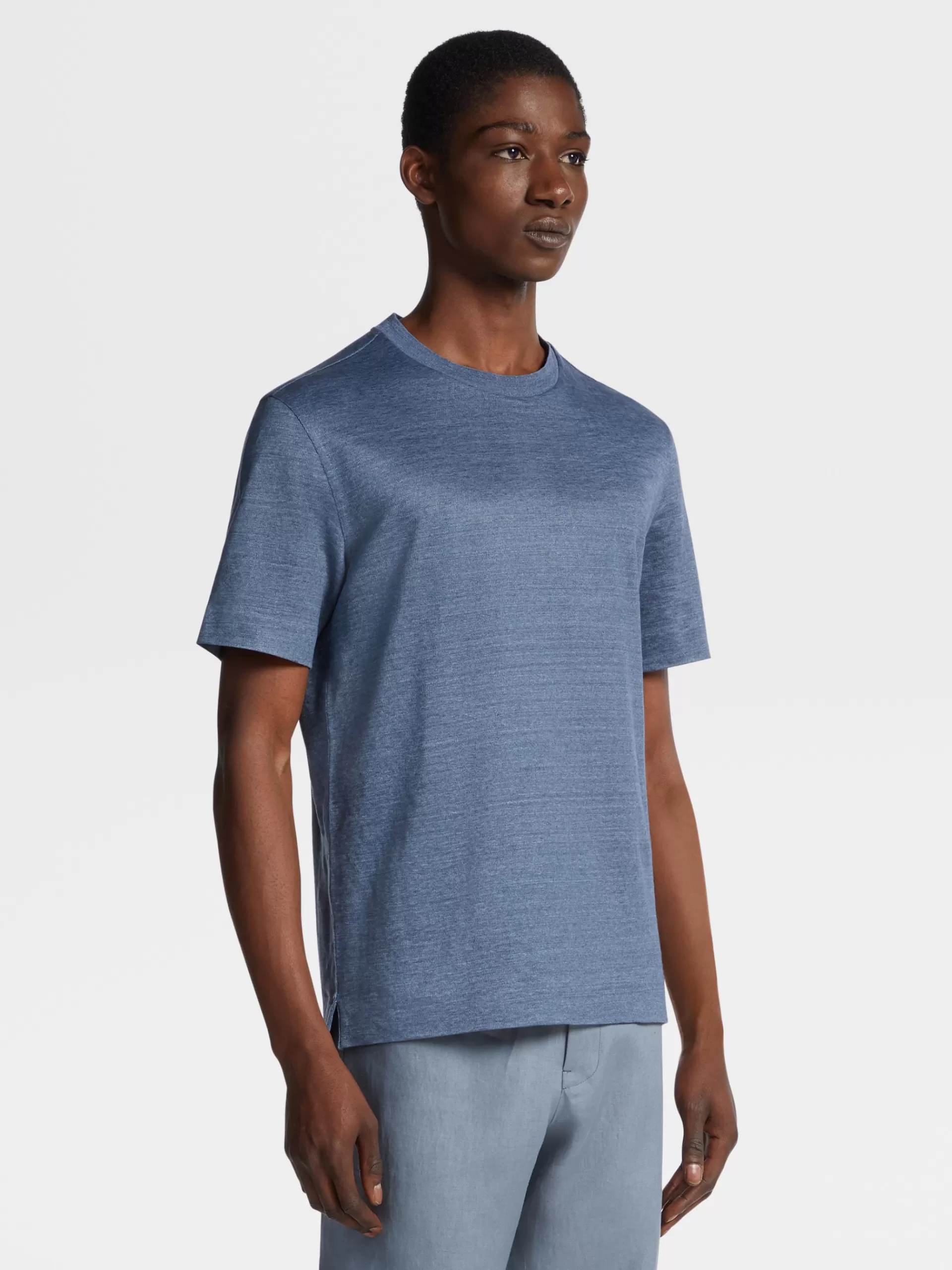 ZEGNA T-Shirts^T-Shirt Em Linho Azul Avio