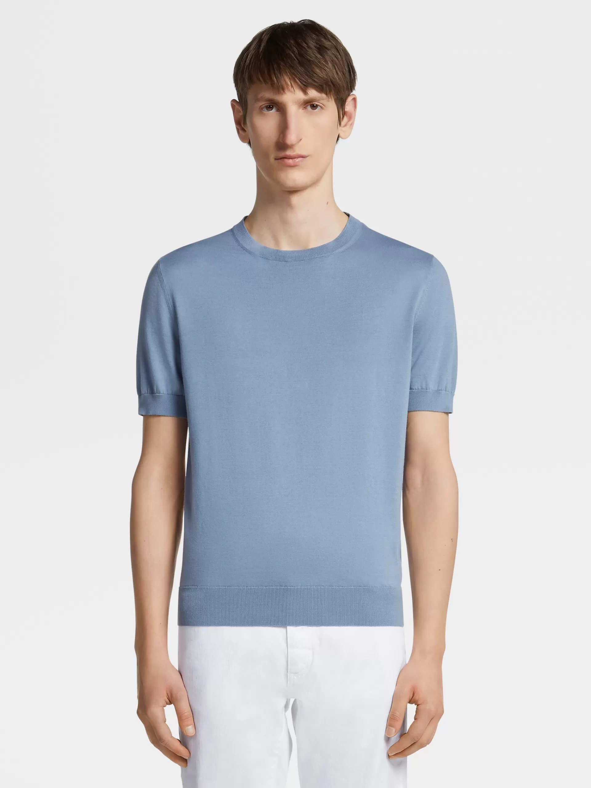 ZEGNA Malhas^T-Shirt Em Premium Cotton Azul Avio